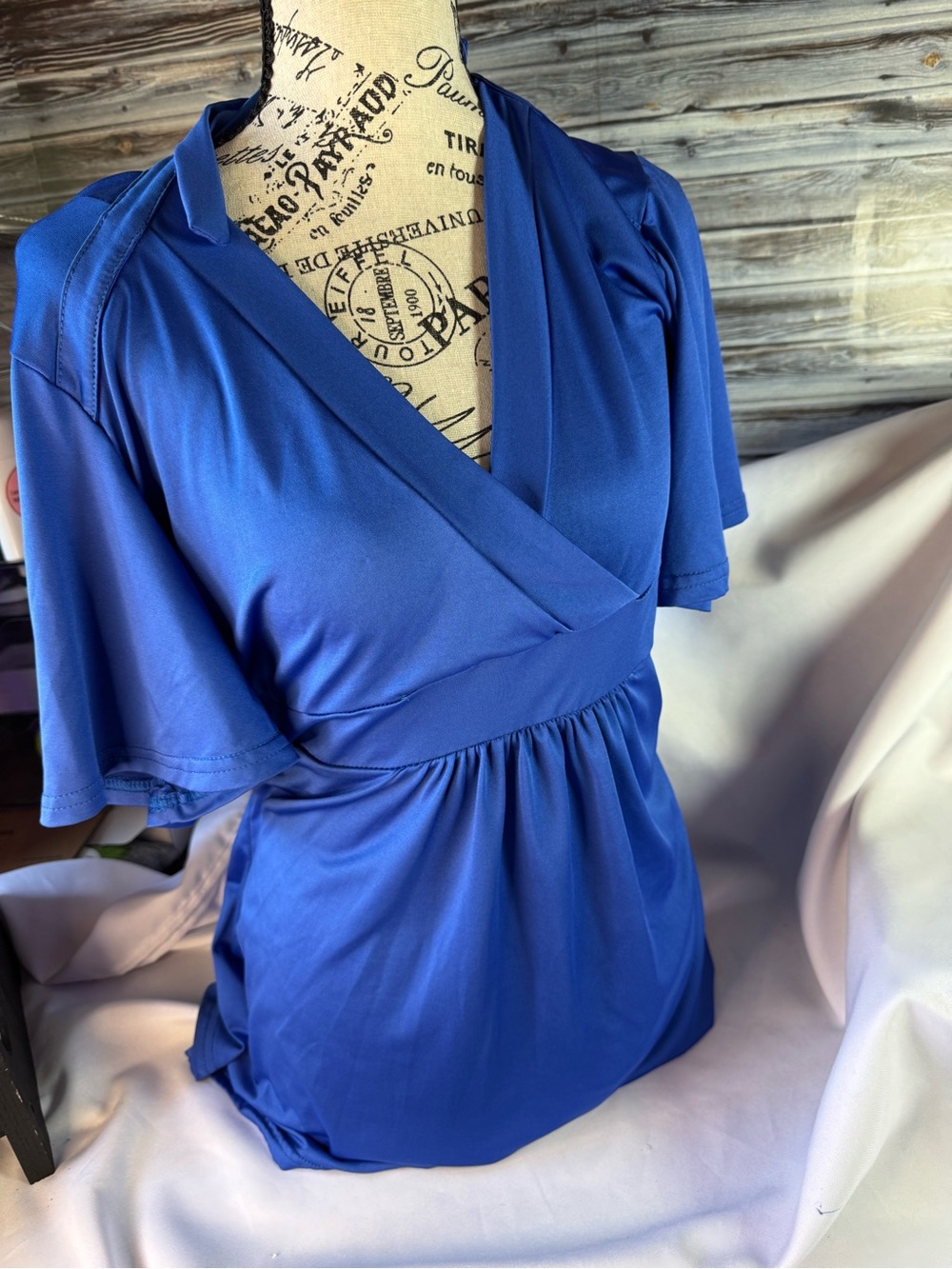 ★ Royal Blue Tie Back Mock Wrap Tunic Top One Size Stretch